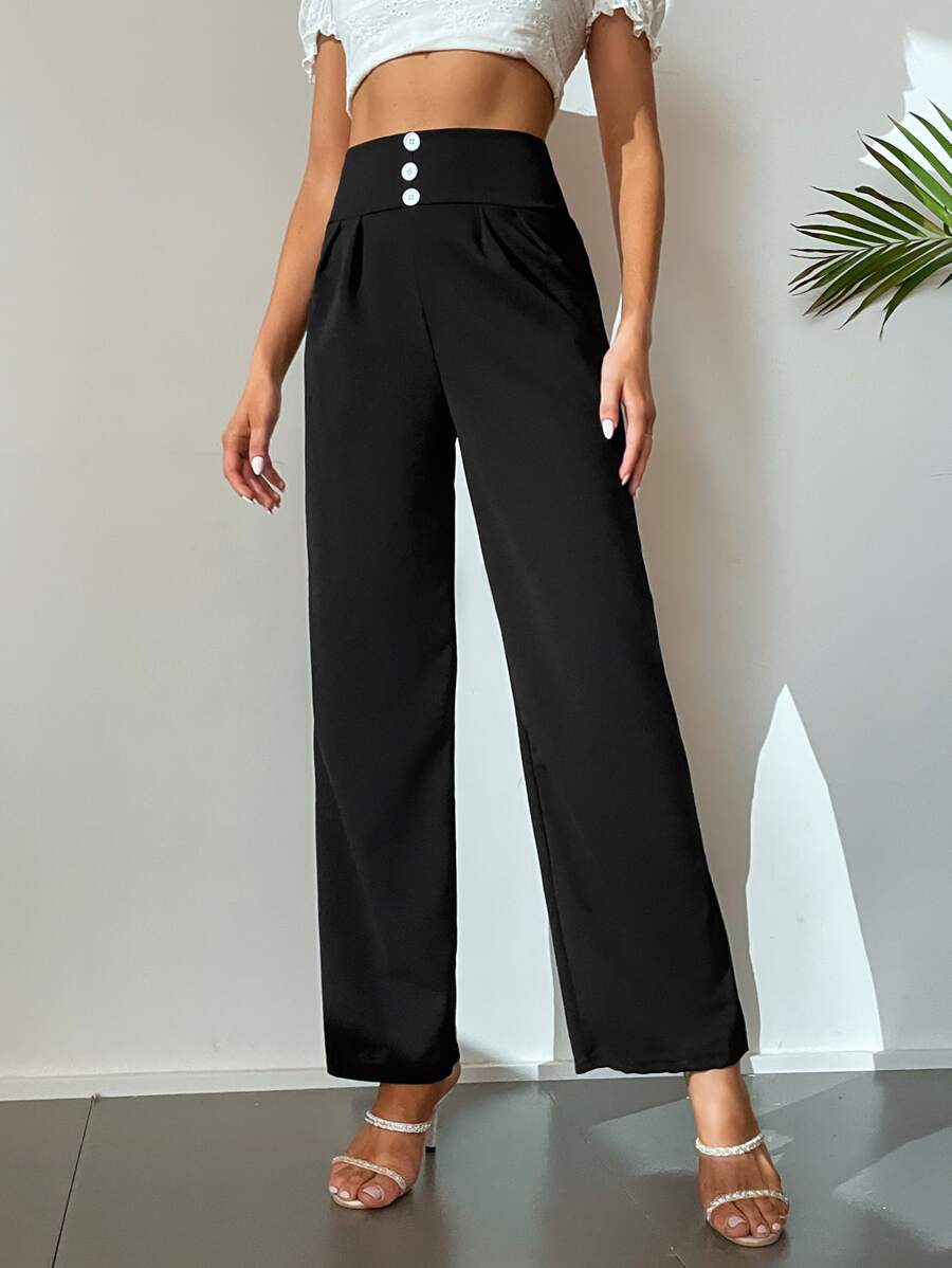 SHEIN Tall Quần nữ Nút Dây kéo màu trơn Thanh lịch - màu đen - Xem 1