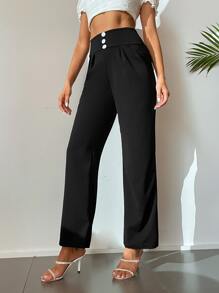 SHEIN Tall Quần nữ Nút Dây kéo màu trơn Thanh lịch - màu đen - Xem 6