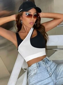 SHEIN Unity Áo hai dây Khối Màu Giải trí - Đen và trắng - Xem 1