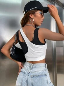 SHEIN Unity Áo hai dây Khối Màu Giải trí - Đen và trắng - Xem 2