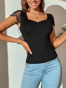 SHEIN Tall Contrast Guipure Lace Sweetheart Neck Tee - Black - View 5