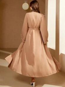 Al Najma Abaya manches trompette à plis ouvert ceinturé - Kaki - Voir 2