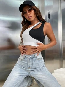 SHEIN Unity Áo hai dây Khối Màu Giải trí - Đen và trắng - Xem 5