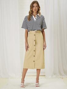 SHEIN Unity 前紐扣高腰半身裙 - 卡其色 - 查看 3
