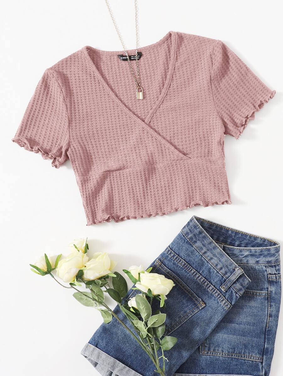 Muchica Surplice Neck Lettuce Trim Tee - Dusty Pink - View 1