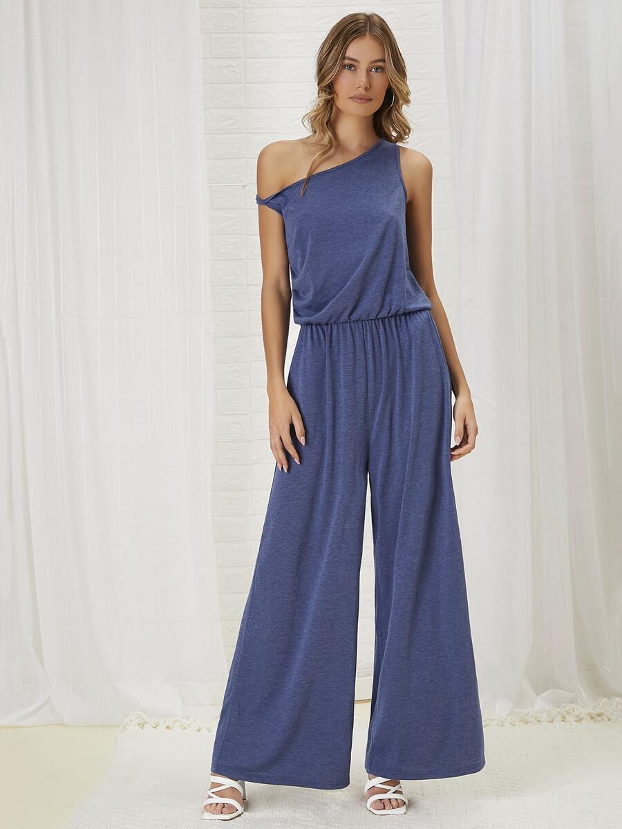 Asymmetrical Neck Wide Leg Jumpsuit - Navy Blue - View 1