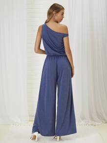 Asymmetrical Neck Wide Leg Jumpsuit - Navy Blue - View 2