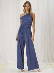Asymmetrical Neck Wide Leg Jumpsuit - Navy Blue - View 3