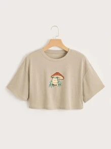 SHEIN EZwear 青蛙和蘑菇圖案短款T恤 - 杏色 - 查看 1