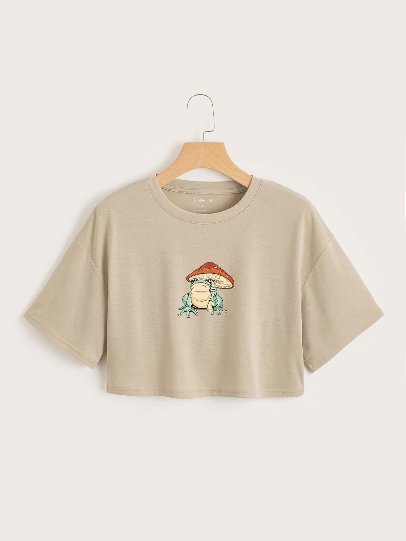 SHEIN EZwear 青蛙和蘑菇圖案短款T恤 - 杏色 - 查看 1