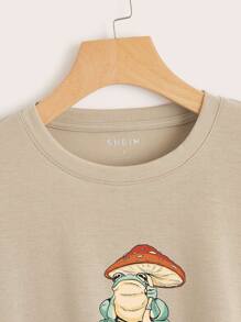 SHEIN EZwear 青蛙和蘑菇圖案短款T恤 - 杏色 - 查看 4
