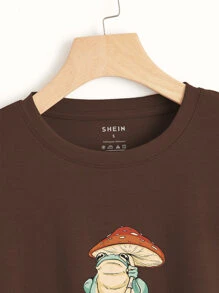 SHEIN EZwear Áo thun nữ Hoạt hình Giải trí - Màu nâu Sô-cô-la - Xem 3