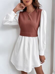 Vestido 2 en 1 de manga farol - Multicolor - Ver 3