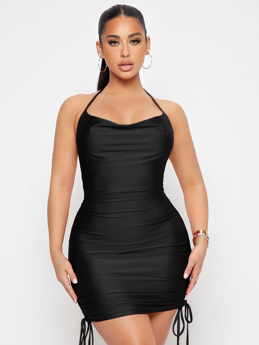 SHEIN Đầm Lộ Lưng Vắt Dây kéo Thắt nút Xù Buộc lại màu trơn Gợi cảm - màu đen - Xem 1