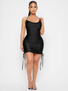 SHEIN Đầm Lộ Lưng Vắt Dây kéo Thắt nút Xù Buộc lại màu trơn Gợi cảm - màu đen - Xem 4