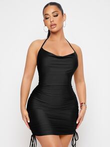 SHEIN Đầm Lộ Lưng Vắt Dây kéo Thắt nút Xù Buộc lại màu trơn Gợi cảm - màu đen - Xem 5