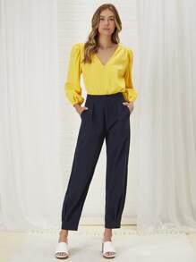 V Neck Lantern Sleeve Blouse - Yellow - View 3