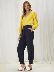 V Neck Lantern Sleeve Blouse - Yellow - View 4