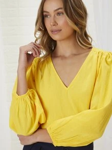V Neck Lantern Sleeve Blouse - Yellow - View 5