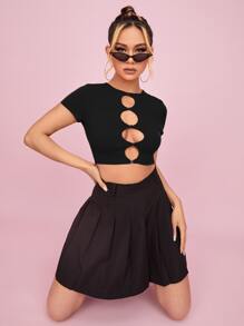 SHEIN ICON Áo thun nữ Cắt ra Nút phía trước màu trơn Gợi cảm - màu đen - Xem 3