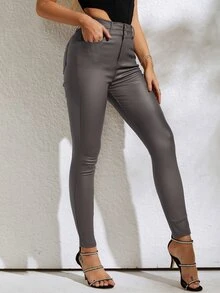 High Waist PU Leather Skinny Pants - Grey - View 4