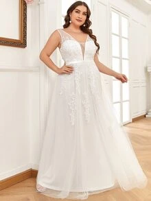 EVERPRETTY Plus Floral Embroidery Mesh Wedding Dress - White - View 5