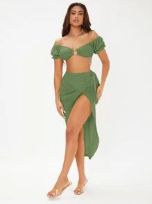 SHEIN SXY 一字肩泡泡袖金屬圓環褶邊短款上衣和圍裹打結裙子套裝 - 橄欖綠 - 查看 3