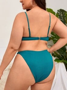 Plus Size Rib Tie Front Push Up Bikini Set Bãi biển mùa hè - Màu xanh ngọc - Xem 2