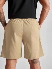 Manfinity Quần Short Nam Dây kéo Túi màu trơn Giải trí - Màu Khaki - Xem 2