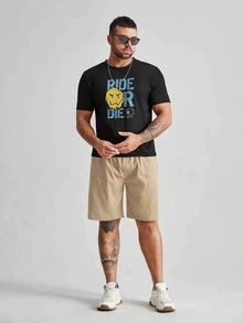 Manfinity Quần Short Nam Dây kéo Túi màu trơn Giải trí - Màu Khaki - Xem 3