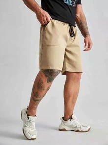 Manfinity Quần Short Nam Dây kéo Túi màu trơn Giải trí - Màu Khaki - Xem 4