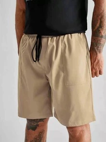 Manfinity Quần Short Nam Dây kéo Túi màu trơn Giải trí - Màu Khaki - Xem 5
