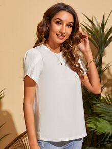 SHEIN Clasi 纯色花瓣袖 T 恤 - 白色 - 查看 3