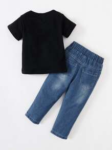 Baby Boy Slogan And Glasses Print Tee & Ripped Jeans