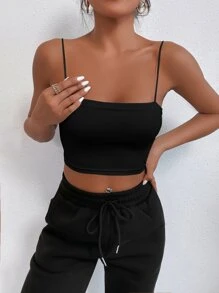 SHEIN PETITE Solid Slim Crop Cami Top - Black - View 3