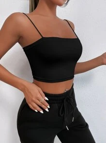 SHEIN PETITE Solid Slim Crop Cami Top - Black - View 4