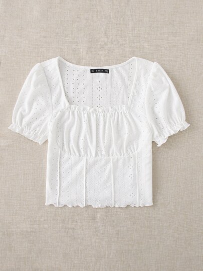 SHEIN EZwear Plus Eyelet Embroidery Frill Puff Sleeve Lettuce Trim Tee