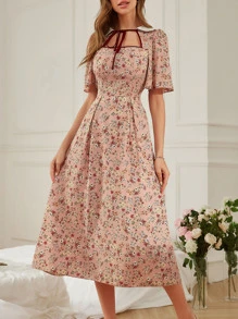 Seusyu Allover Floral Print Tie Neck Puff Sleeve Dress Maxi Women Outfit - Dusty Pink - View 1
