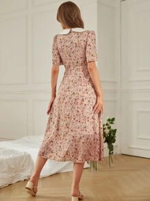 Seusyu Allover Floral Print Tie Neck Puff Sleeve Dress Maxi Women Outfit - Dusty Pink - View 2