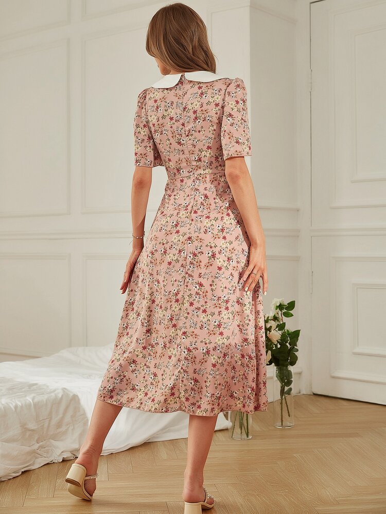 Mulvari 滿版印花繫帶領泡泡袖連衣裙 - 藕粉色 - 查看 2