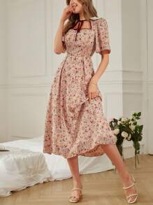 Seusyu Allover Floral Print Tie Neck Puff Sleeve Dress Maxi Women Outfit - Dusty Pink - View 3
