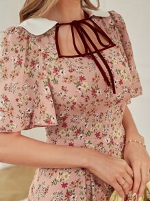 Seusyu Allover Floral Print Tie Neck Puff Sleeve Dress Maxi Women Outfit - Dusty Pink - View 6