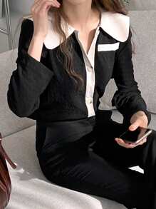 DAZY Sailor Collar Decor Pocket Button Front Blouse Office Wear Women Long Sleeve Women - Black - View 1