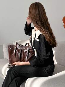 DAZY Sailor Collar Decor Pocket Button Front Blouse Office Wear Women Long Sleeve Women - Black - View 2