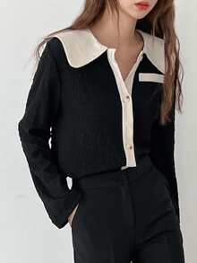 DAZY Sailor Collar Decor Pocket Button Front Blouse Office Wear Women Long Sleeve Women - Black - View 3