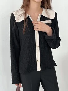 DAZY Sailor Collar Decor Pocket Button Front Blouse Office Wear Women Long Sleeve Women - Black - View 5
