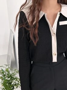 DAZY Sailor Collar Decor Pocket Button Front Blouse Office Wear Women Long Sleeve Women - Black - View 7