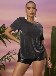 SHEIN SXY Camiseta de hombros caídos brillante - Negro - Ver 5