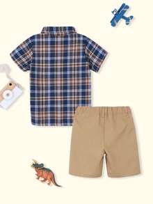 小男童蘇格蘭格紋襯衫和恐龍印花短褲 - 彩色 - 查看 2