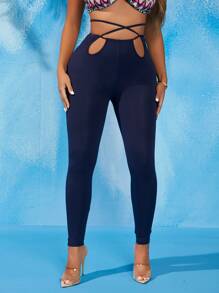 SHEIN SXY Quần tất nữ Hội Chữ thập màu trơn Gợi cảm - Màu xanh hải quân - Xem 1